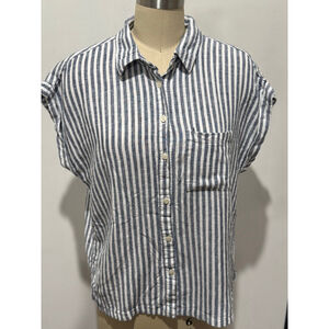 Women's Orvis Blue White Striped Linen Blend Button Down Shirt boxy relaxed S